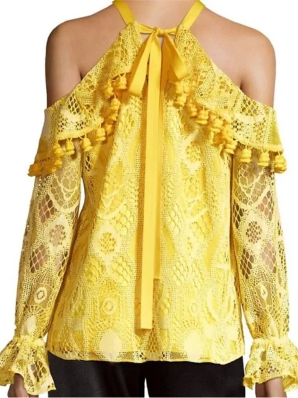 ALEXIS Adriana Yellow Lace Pom Pom Ruffle Cold Shoulder Tie Blouse, Size XS - Picture 4 of 15